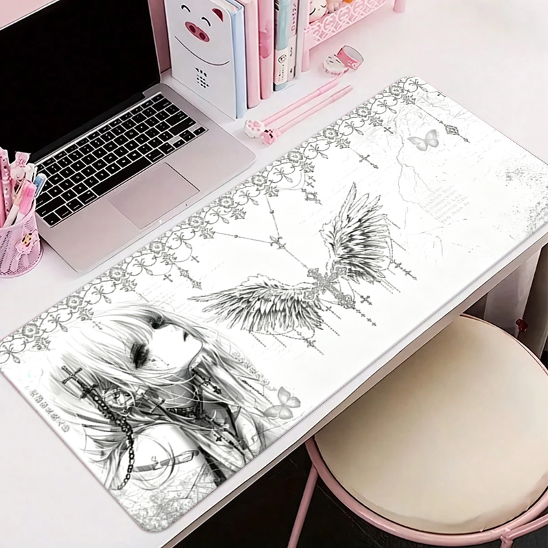 Esports Gaming Mouse Pad - แผ่นรองเมาส์หนังสีดำสีขาวอะนิเมะความงามของสาวนางฟ้าแผ่นรองเมาส์อุปกรณ์สำนักงานคีย์บอร์ดเกมพีซีอีสปอร์ต HD แผ่นรองโต๊ะ